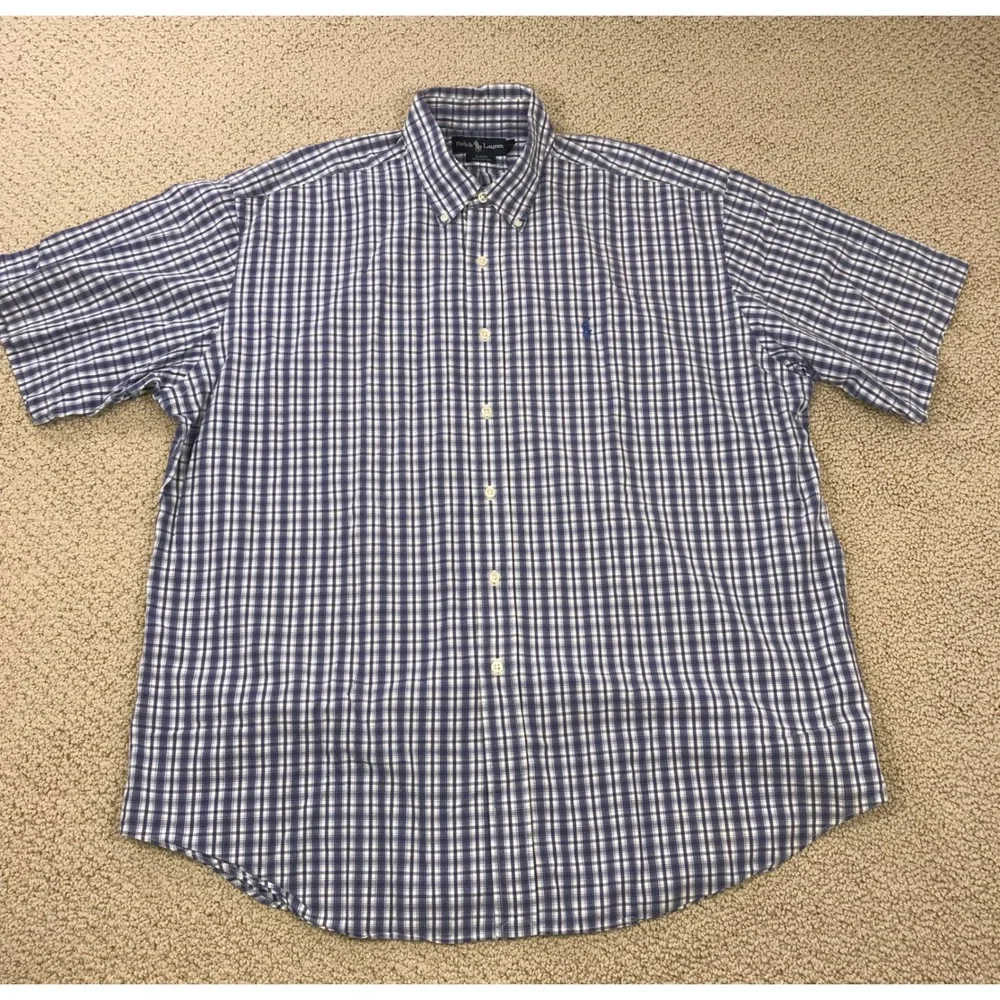 Ralph Lauren Blake Mens XL Blue White Check Cotton SS Button Down Shirt